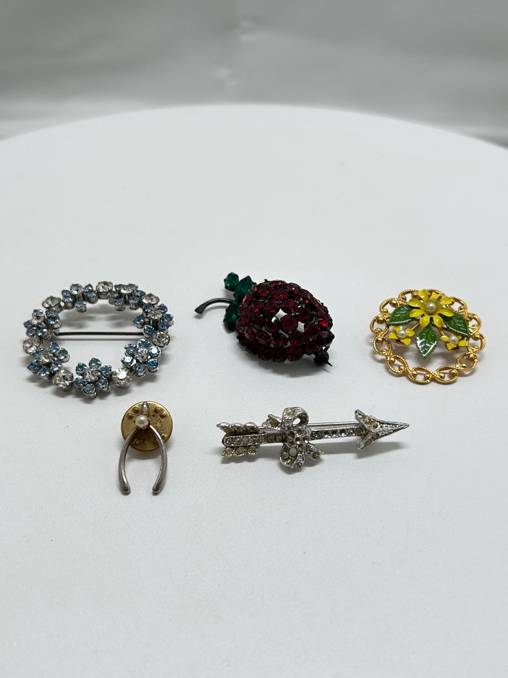 Vintage, Lot Of 5 Brooches, Floral, Cherry, Arrow, Pearl, Crystal